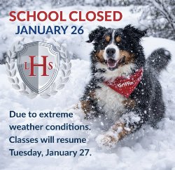 LHS comfort dog playing in the snow. School closed, January 26th.